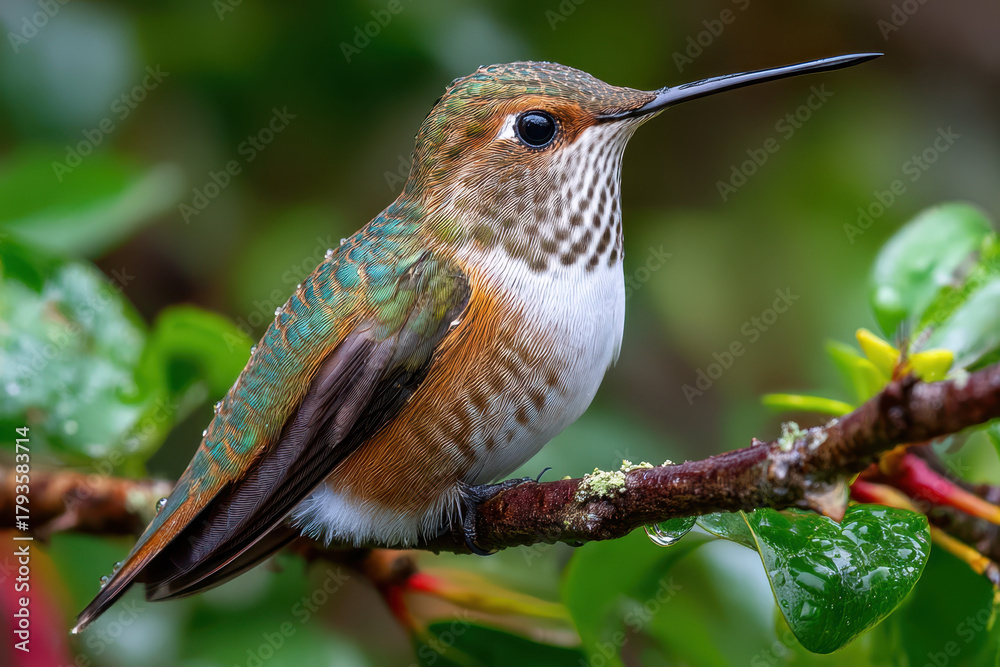 Obraz premium Hummingbird Perched on Branch in the Rain