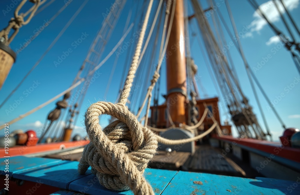 Obraz premium Close up on knotted rope on wooden deck of old sailing ship. Masts rigging lines and clear blue sky are visible on sunny day. Maritime adventure awaits on ancient vessel.