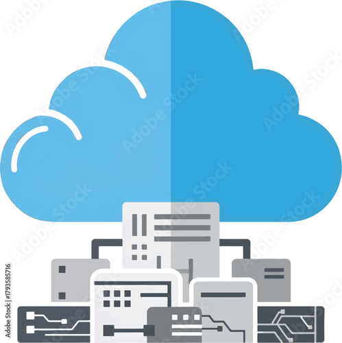Cloud computing concept with servers and network devices