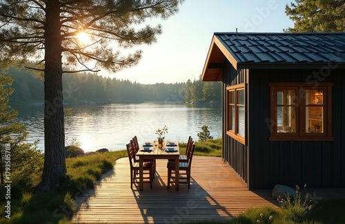 Lake house at sunrise. Wooden cabin with table and chairs on deck. Forest and calm water in background. Swedish summer holiday scenic view. Nature escape at lakeside retreat is wonderful.