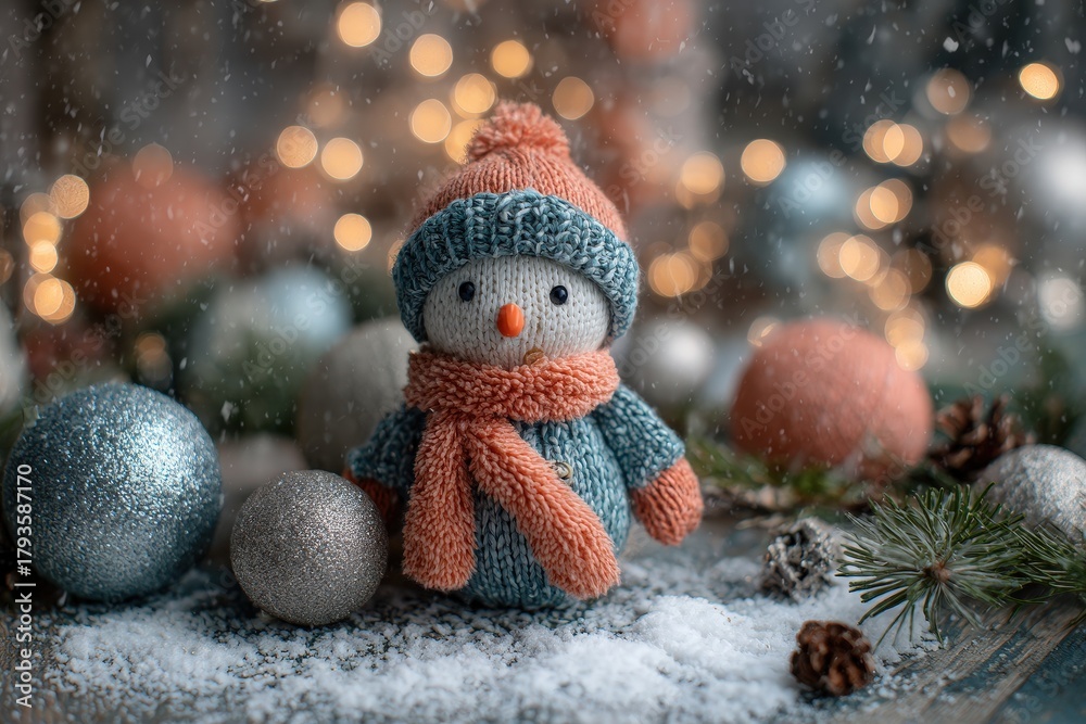 Obraz premium Knitted snowman figurine sits among sparkling ornaments during falling snow