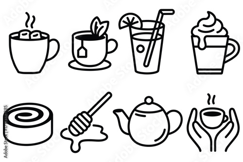 Cozy Winter Drinks, Outline Icon Set Featuring Hot Chocolate, Herbal Tea, Mulled Beverage, Mug with Cream, Cinnamon Swirl, Honey Spoon, Tea Pot, Winter Warmth Illustration, Comforting Seasonal Drinks 