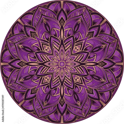 Intricate Radial Mandala Design with Violet and Gold Geometric Patterns, Symbolic of Harmony and Spirituality