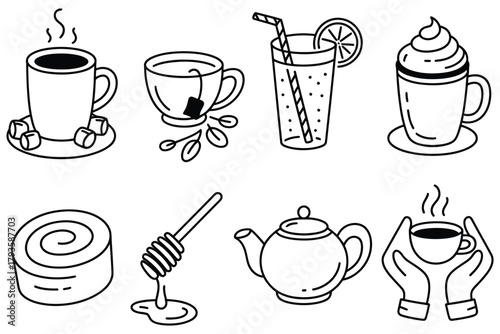 Cozy Winter Drinks, Comforting Winter Sips Outline Icon Set, Hot Chocolate, Herbal Tea, Mulled Drink, Mug with Cream, Cinnamon Swirl, Honey Spoon, Tea Pot, Seasonal Beverage Illustration, Winter Comfo