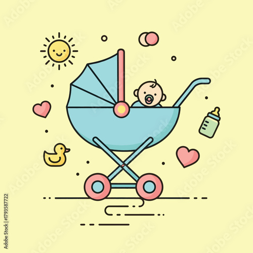 Cute baby in stroller vector illustration with sun, hearts, duck, and bottle, representing infant joy and new family life concepts