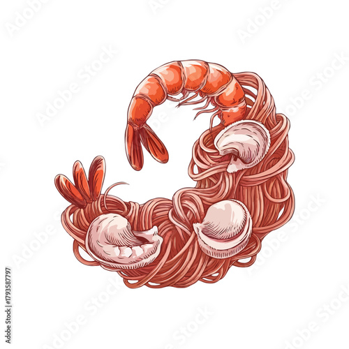 Artistic illustration of a gourmet seafood pasta dish featuring a curled shrimp and scallops on a white background isolated on white background