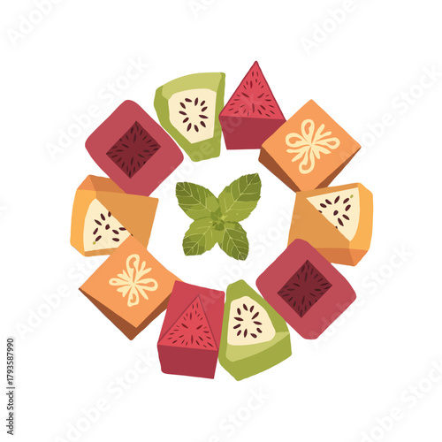 A circular arrangement of colorful fruit slices and a green mint leaf in the center isolated on white background