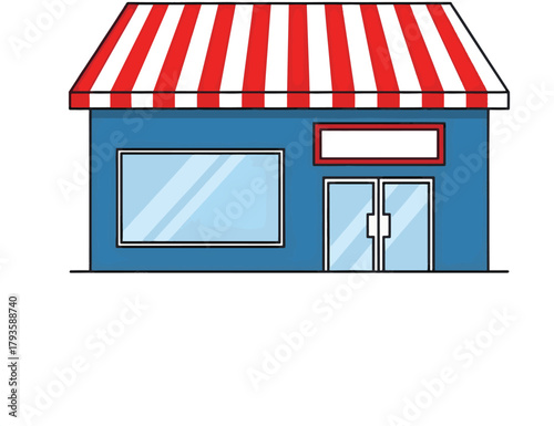 Simple illustration of a blue store with a red and white striped awning and large windows, representing a small business or shop