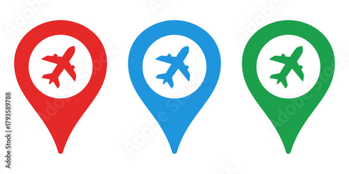 Map pin and airplane. Vector icon isolated on white background.