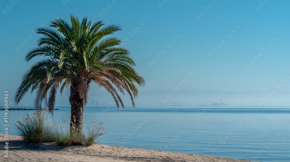Obraz premium Palm tree is standing on a beach next to the ocean. The sky is clear and blue, and the water is calm