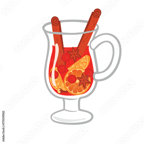 Glass cup with spicy wine isolated on a white background. Festive drink with cinnamon, clove, star anise, orange, red berries. Vector colorful illustration for winter holidays banner template, card.