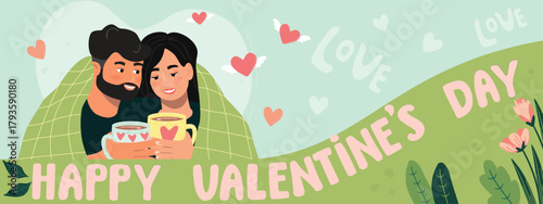 Valentines Day banner with couple in love. Happy characters warm up with hot drinks under a plaid. Horizontal background with cartoon man and woman, hearts, hand written. Vector flat illustration.