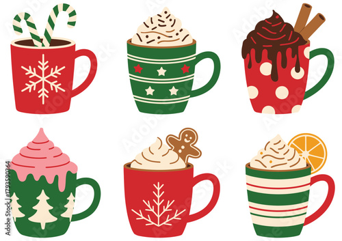 Winter Holiday Cups with Drinks, Hot Chocolate, Cocoa, Coffee in Mugs, Cream Topping, Gingerbread Cookie, Candy Cane, Cinnamon Sticks, Marshmallows, Vector Illustration, Seasonal Holiday Beverage Conc