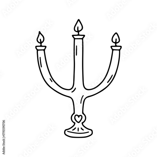 Hand drawn black line tea candle candelabrum icon vector illustration. Linear monochrome doodle candlestick