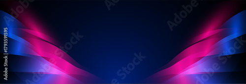 Neon light tunnel. Purple and pink color illumination glowing in dark corridor, futuristic virtual portal