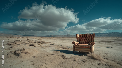 Fototapeta Aksamitny, tapicerowany fotel w stylu Chesterfield stoi samotnie na rozległym, piaszczystym pustkowiu pod błękitnym niebem z dramatycznymi chmurami. Surrealistyczny widok.