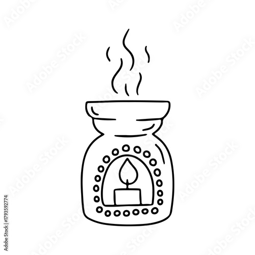 Hand drawn black line aroma lamp icon vector illustration. Linear monochrome doodle hygge candle clipart