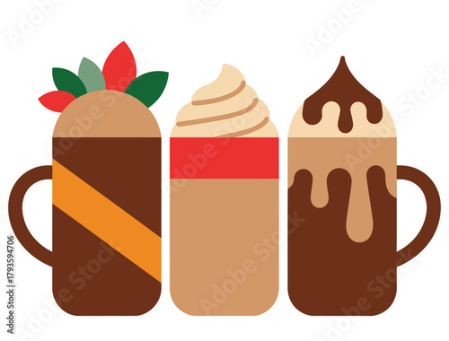 Three Festive Mugs of Hot Chocolate on White Background, Winter Warm Drink, Holiday Cocoa, Marshmallows, Whipped Cream, Cinnamon Sticks, Christmas Beverage Vector, Seasonal Celebration, Cozy Winter Il