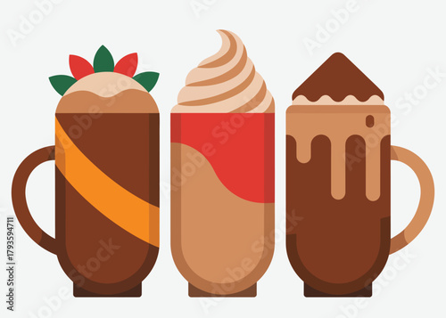 Three Festive Mugs of Hot Chocolate on White Background, Cozy Winter Beverage, Marshmallows, Whipped Cream, Cinnamon, Holiday Drink Illustration, Seasonal Winter Comfort, Christmas Beverage Concept, V