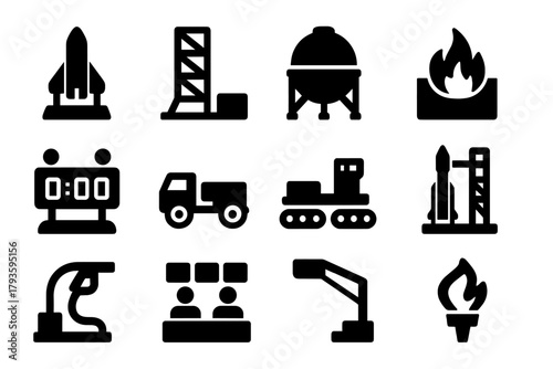Launch Infrastructure Icons. Solid style icons of launch infrastructure: launch pad, rocket support tower, fuel tank icon, flame