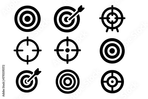 Solid Target Icons. Solid style icons of Target symbols: bullseye, dart in center, archery target, crosshair, scope sight, aiming