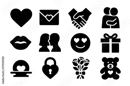 Love Icons Collection. Solid style icons of love and affection: heart symbol, love letter, holding hands, hug icon, kiss mark,