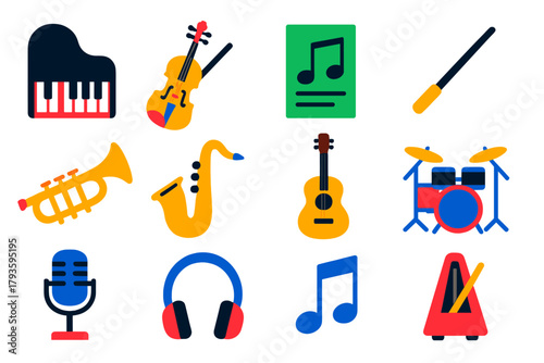 Vibrant Music Icons. Flat vector icons of music: piano, violin, sheet music, conductor baton, trumpet, saxophone, guitar, drum set