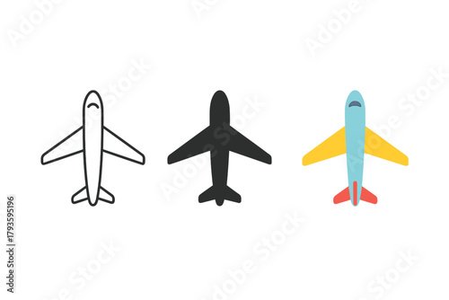 Stylish Airplane Icons. Minimalist airplane air transport icon: three identical airplanes in top view in a row, first in line