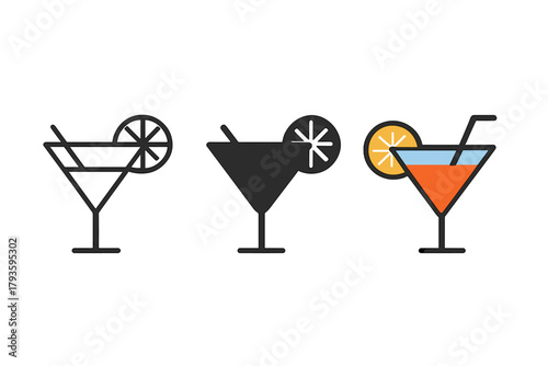 Minimalist Cocktail Glasses. Minimalist cocktail glass icon: three identical cocktail glasses with straws and lemon slices in a