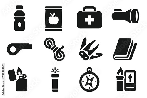 Survival Kit Essentials. Solid style icons of Survival kit: water bottle, food pack, medical kit, flashlight, whistle, rope,