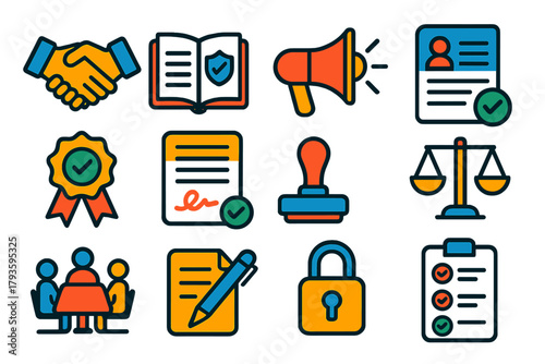 Professional Ethics Icons. Flat vector icons of professional ethics: handshake, code of conduct, whistleblower, report document,