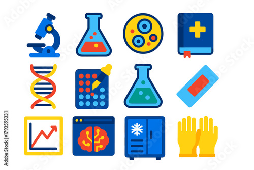 Flat Medical Research Icons. Flat vector icons of medical research: laboratory microscope, chemical flask, cell sample, research