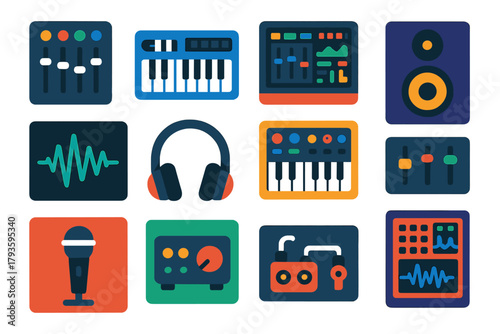 Digital Music Icons. Flat vector icons of digital music production: mixing console, MIDI keyboard, DAW interface, studio monitor,