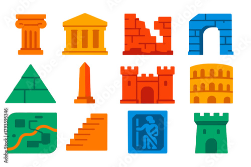 Ancient Ruins Icons. Flat vector icons of ancient ruins: stone column, temple facade, crumbling wall, archway, pyramid, obelisk,