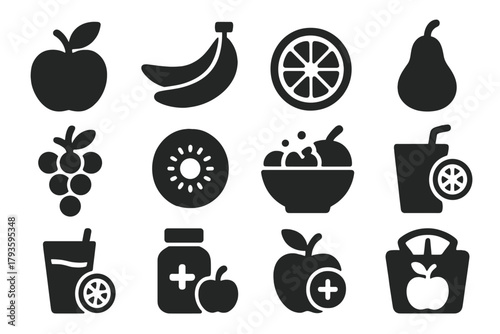 Healthy Fruit Icons. Solid style icons of Healthy fruit: apple with leaf, banana bunch, orange slice, pear with stem, grapes