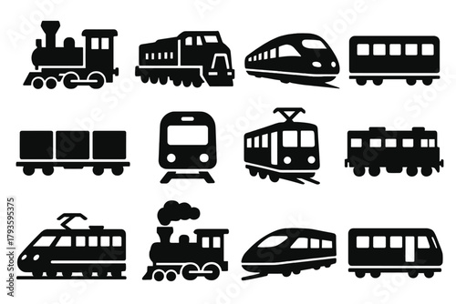 Train Icons Compilation. Solid style icons of trains and locomotives: classic train engine, modern locomotive, bullet train,