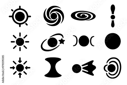 Black Hole Icons. Solid style icons of Black Holes: event horizon, gravitational swirl, accretion disk, spaghettified object,