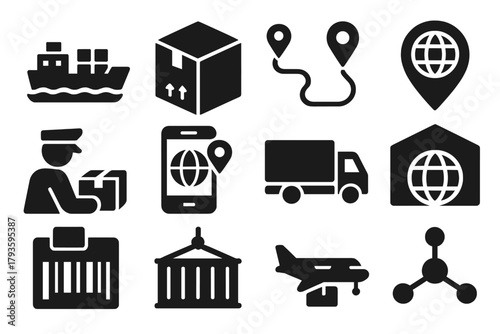 Worldwide Logistics Icons. Solid style icons of worldwide logistics: cargo ship, freight box, delivery route, world pin, customs