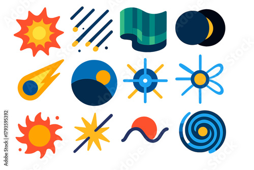Astronomical Phenomena Icons. Flat vector icons of astronomical phenomena: supernova, meteor shower, aurora, eclipse, comet tail,