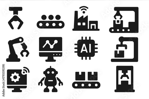 Industry Automation Icons. Solid style icons of Industry automation: robotic claw, sorting belt, smart factory, auto packaging,