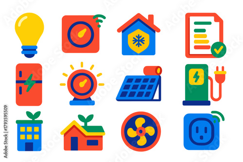 Energy Efficiency Icons. Flat vector icons of energy efficiency: LED bulb, smart thermostat, insulated house, energy audit report,