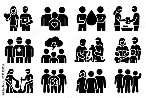 Community Support Icons. Solid style icons of Community support: charity volunteers, donation group, blood donation team, food