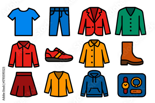 Wardrobe Essentials Icons. Flat vector icons of wardrobe essentials: t-shirt, jeans, blazer, cardigan, dress shirt, sneakers, coat