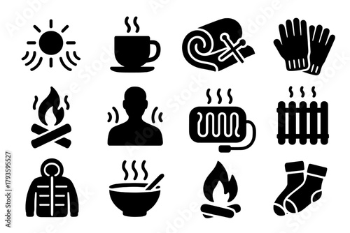 Icons of Warmth. Solid style icons of Warmth sources: sun heat, hot drink, wool blanket, warm gloves, campfire warmth, body heat,