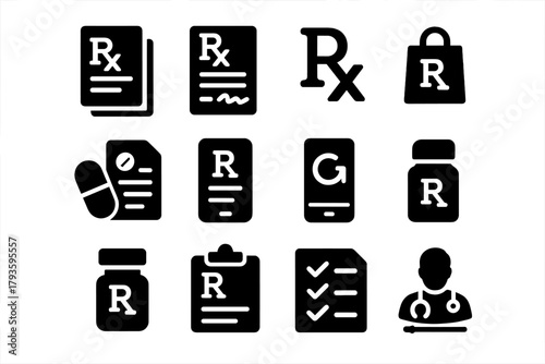 Prescription Icons Collection. Solid style icons of Prescriptions: prescription pad, signed prescription, Rx symbol, pill with