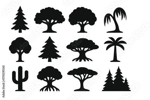 Tree Silhouette Icons. Solid style icons of Tree silhouettes: tall pine, wide oak, round maple, leaning willow, slender birch,