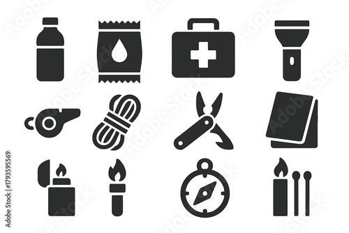 Survival Kit Essentials. Solid style icons of Survival kit: water bottle, food pack, medical kit, flashlight, whistle, rope,