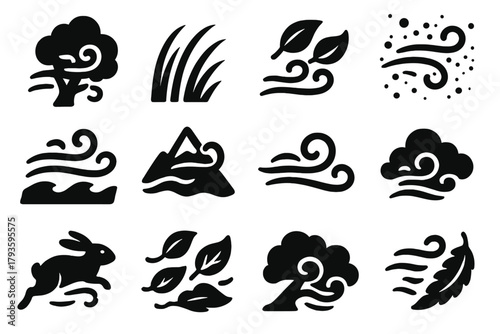 Wind and Nature Icons. Solid style icons of nature and wind interaction: wind with tree icon, breeze moving grass, air rustling