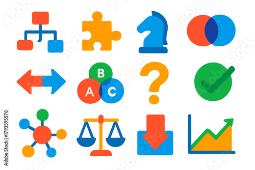 Logic Icons Collection. Flat vector icons of logic and reasoning: flowchart, puzzle piece, chess knight, Venn diagram, argument