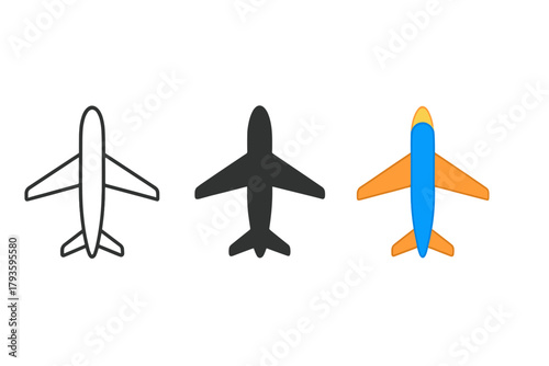 Stylish Airplane Icons. Minimalist airplane air transport icon: three identical airplanes in top view in a row, first in line